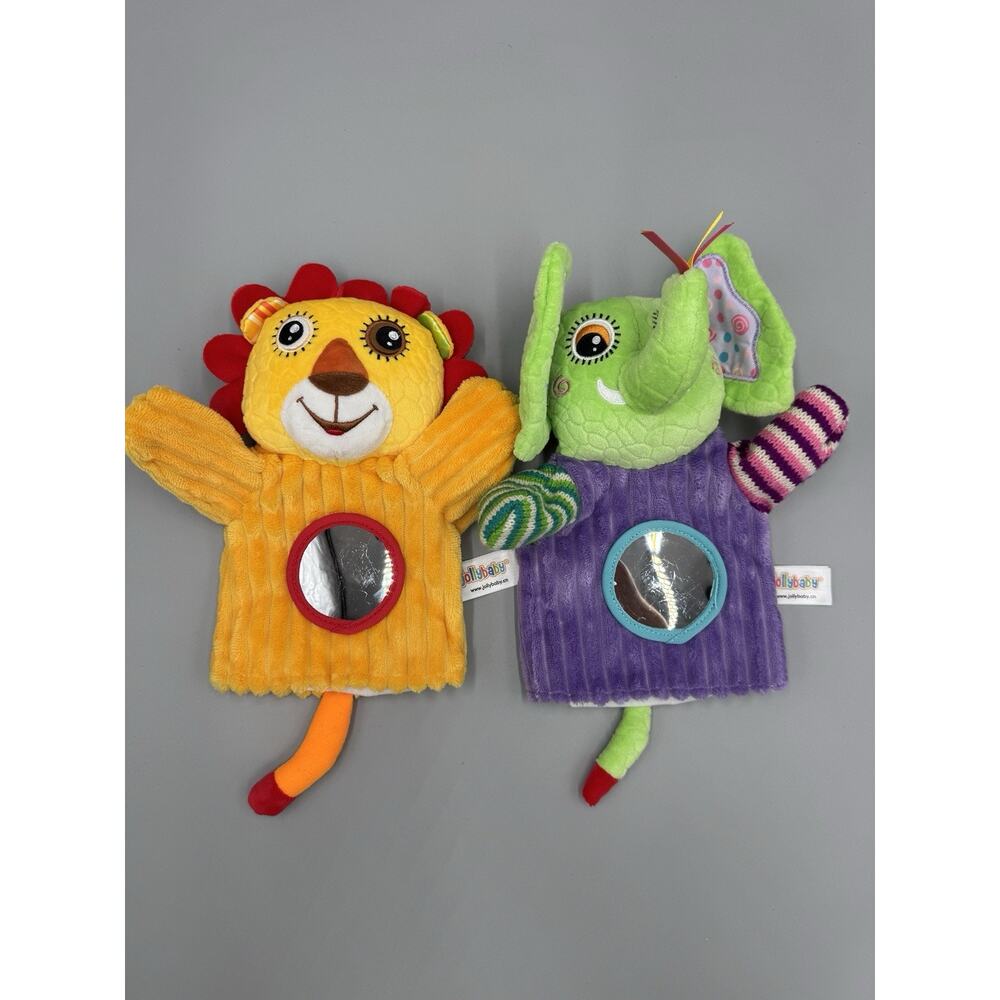 Jolly Baby Hand Puppets Lion Elephant Set Of 2 Colorful Sensory Toys Plush